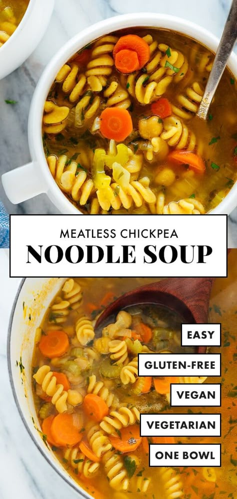 Chickpea Noodle Soup Meatless Soup, Chickpea Noodle Soup, Chickpea Noodle, Vegan Noodle Soup, Food Flavors, Spiral Pasta, Vegan Noodles, Veggie Broth, High Protein Vegetarian Recipes