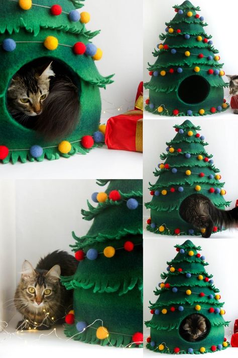 Christmas Tree Bedding, Cool Cat Beds, Christmas Bed, Kat Diy, Chat Diy, Gifts Drawing, Cat Proofing, Christmas Gifts For Pets, Cat Christmas Tree