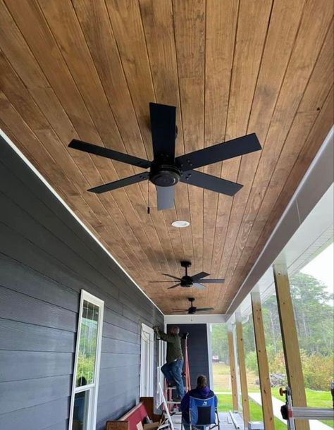 Back Porch Wood Ceiling, Stained Screened In Porch, Wood Under Porch Ceiling, Back Porch Ceiling Ideas, Wood Patio Ceiling, Vaulted Porch Ceiling, Wood Ceiling Porch, Stained Porch Ceiling, Covered Porch Ceiling