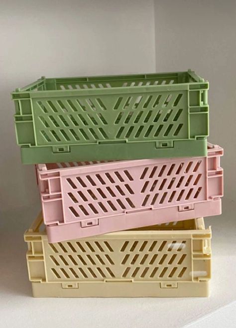 -Colorful -Compact and Portable -Durable -Collapsible when not in use Pastel Crates, Snack Stash, Storing Toiletries, Desk Clutter, Organization Aesthetic, Storage Bins Organization, Stationery Organizer, Green Desk, Plastic Baskets