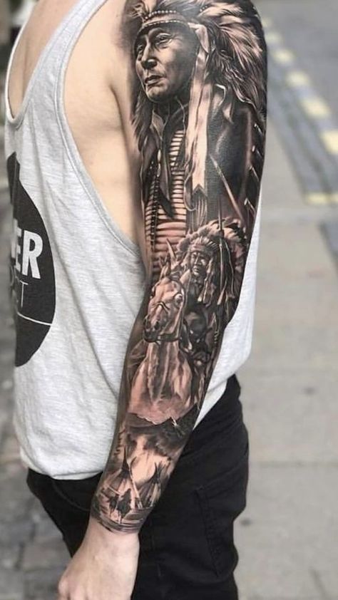 Indian Tattoo Sleeve, Native American Chief Tattoo, Native American Warrior Tattoos, Indian Chief Tattoo, Cherokee Indian Tattoos, Cherokee Tattoos, Native Indian Tattoos, Indian Skull Tattoos, Native American Tattoo Designs