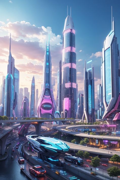 Future architecture 2050 . Evolution of architecture with modern technologies and artificial intelligence Kota Masa Depan, Architecture Photography Buildings, Flying Cars, Futuristic Building, Science Fiction Artwork, Neon City, Future Buildings, Eco City, Sci Fi City