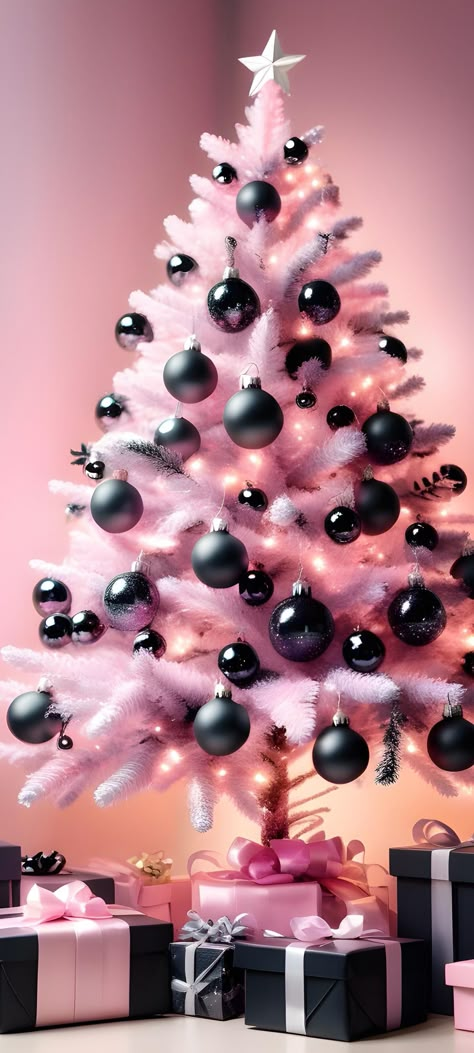 Pink And Black Christmas Wallpaper, Black Christmas Wallpaper, Pink Wallpaper Christmas, Pink Black Christmas, Holiday Season Aesthetic, Navidad Cute, Cute Christmas Decor, Cute Food Wallpaper, Aesthetic Walls