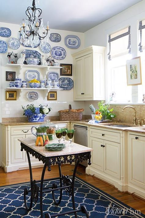 Plates On The Wall, Blue And White Plates, Blue White Kitchens, Victoria Magazine, Blue White Decor, French Country Kitchen, White Cottage, Kitchen Color, White Plates