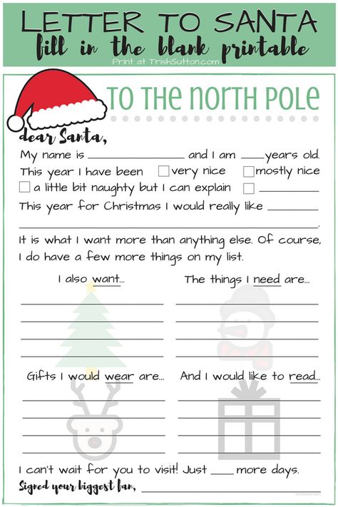 This fill in the blanks printable letter to Santa. There are spaces to write in something they WANT, something they NEED, something to WEAR, and something to READ. Make that FOUR ‘somethings’ of each along with the gift that is the MOST wanted. TrishSutton.com Santa Letters From Kids, Kids Christmas List Printable, Candle Cakes, Christmas List Printable, Want Need Wear Read, Letter To Santa Printable, Kids Christmas List, Elf Printables, Santa Letters