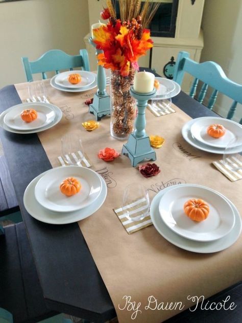 10 Tablecloth alternatives, ideas of things to use for tablecloths, party tablecloth ideas, tablecloths and table runners Beautiful Thanksgiving Table Settings, Easy Thanksgiving Decorations, Kid Friendly Thanksgiving, Simple Thanksgiving Table, Thanksgiving Kids Table, Simple Thanksgiving, Modern Thanksgiving, Paper Table Runner, Thanksgiving Dinner Table