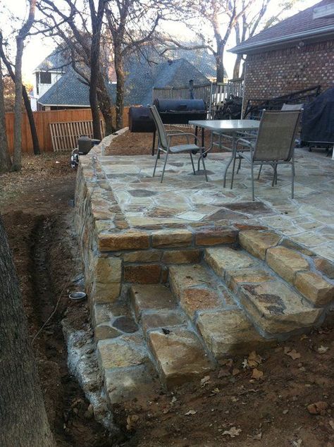 Elevated Stone Patio, Stone Back Deck Ideas, Stone Terasse Ideas, Raised Stone Patio Ideas, Raised Patio With Steps, Raised Concrete Patio Ideas, Stone Deck Ideas, Raised Patio Ideas With Steps, Stone Stairs Outdoor