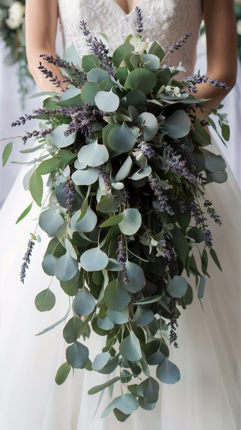 Stunning Lavender and Eucalyptus Wedding Cascade Green Only Wedding Bouquet, Lavender Wedding Flowers Bride Bouquets, Bouquet With Lots Of Greenery, Lavender Gray And Green Wedding, Floral Arrangements Eucalyptus, Lavender Plant Bouquet, Lavender And Sage Green Wedding Bouquet, Peonies And Lavender Bouquet, Live Plant Bouquet