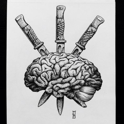 #ink #black #knife #designe #dotwork #bayonet #brain #tarot #newtattoo #anatomy #drawing #iblackwork Open Mind Tattoo, Dude Tattoos, Black Knife, Brain Tattoo, Knife Drawing, Male Figure Drawing, Knife Tattoo, Tattoo Filler, Brain Art