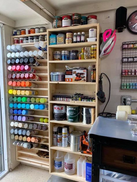 Garage Paint Storage, Storage Shed Shelving Ideas, Crafting Shed Ideas, Wood Shop Ideas Workshop, Tool Room Organization, Organizing Paint Supplies Garage, Garage Craft Room Ideas, Mechanics Shop Organization, Workshop Storage Ideas