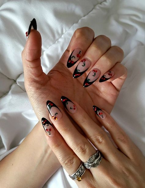 Black Cherry Nails Design, Cherry Acrylic Nails, Acrylic Nails Black, Artist Hue, Cherry Nails, Nails Black, Acrylic Painting Techniques, Painting Artist, Nails 2024