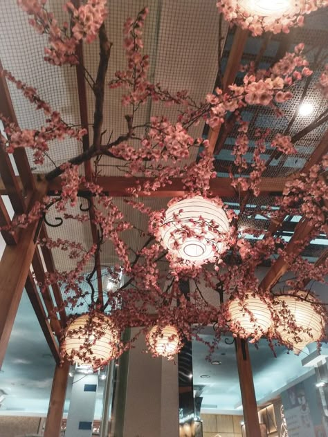 Ramen House Aesthetic, Cherry Blossom Office, Hanging Cherry Blossom Decor, Japanese Cherry Blossom Room Decor, Tokyo Inspired Room, Sakura Room Aesthetic, Nezuko Bedroom Ideas, Sakura Home Decor, Cherry Blossom Themed Room