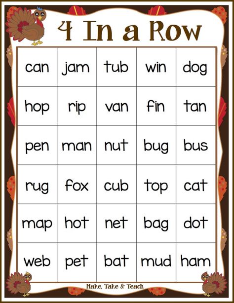 Thanksgiving 4 In A Row CVC Words Freebie! - Make Take & Teach November Teaching Ideas, Thanksgiving Readings, Thanksgiving Kindergarten, Cvc Activities, Thanksgiving Classroom, First Grade Literacy, Phonics Games, Teaching First Grade, First Grade Reading