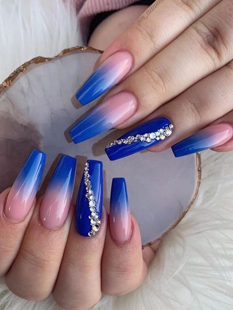 Long coffin-shaped royal blue ombre nails with rhinestone accents Ombre Nail Colors, Orange Ombre Nails, Blue Prom Nails, Black Ombre Nails, Red Ombre Nails, Purple Ombre Nails, Blue Ombre Nails, Royal Blue Nails, Unghie Nail Art