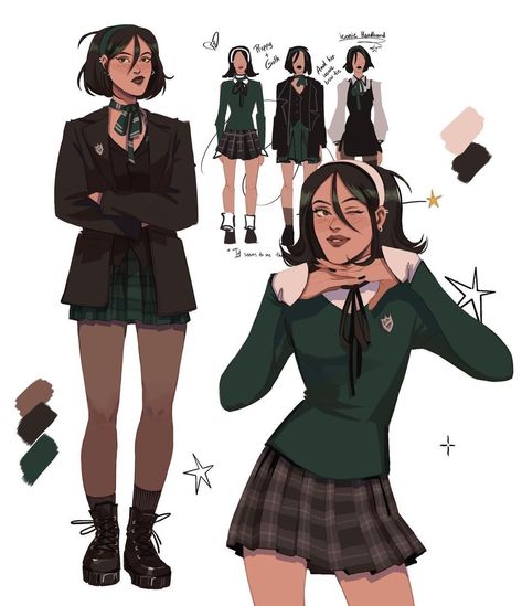 Harry Potter Uniform Aesthetic, Narcissa Malfoy Outfit Ideas, Pansy Parkinson Outfits, Hogwarts Uniform Redesign, Hogwarts Uniform Drawing, Hp Uniform, Harry Potter Oc Character, Harry Potter Character Design, Slytherin Uniform Female