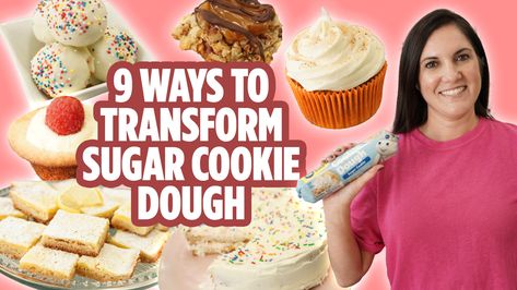 9 Different Ways to Use Sugar Cookie Dough | Easy Dessert Treat Recipes | Allrecipes.com Store Bought Sugar Cookie Recipe, Pillsbury Sugar Cookie Recipe, Cheese Uses, Pillsbury Sugar Cookie Dough, Bake Sale Goodies, Pillsbury Cookie Dough, Sugar Cookie Dough Recipe, Nicole Mclaughlin, Dessert Pizzas