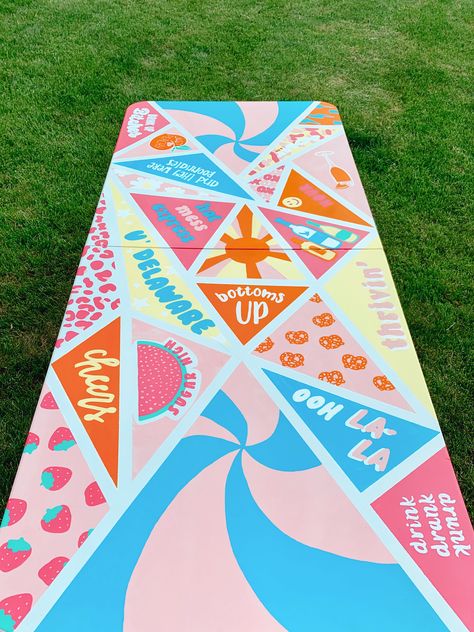 Preppy Pong Table, Girly Painted Beer Pong Table, Girl Pong Table Ideas, Girl Beer Pong Table, Blue Pong Table, Cute Pong Tables, Cute Beer Pong Table, Girl Pong Table, Die Table Ideas