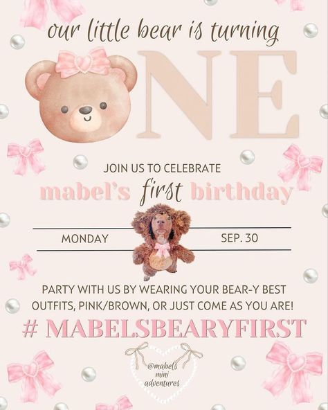 Mabel is ONE beary cute birthday girl 🐻🎀 Happy birthday sweet girl! I hope you had the best day ever! We love you bestie 🧸🎀🤎 (we didn’t have a bear so we used our giant stuffed ween lol) @mabelsminiadventures #mabelsbearyfirst also look how cute my new bandana is from @halipup Bear 1st Birthday Party Girl, Beary First Birthday Girl, Bear 1st Birthday Party, Happy Birthday Sweet Girl, Beary Cute, Love You Bestie, 30th Party, Cute Birthday, 1st Birthday Party