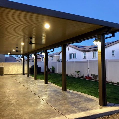 Backyard Alumawood Patio, Sheet Metal Patio Cover, Backyard Patio Ideas On A Budget Cement, Backyard Attached Covered Patio, Affordable Covered Patio Ideas, Deck Removal To Patio, Covered Patios Attached To House Wood, Patio Structures Covered, Metal Patio Covers Attached To House