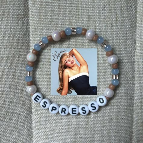 Espresso Beaded Bracelet   Sabrina Carpenter... - Depop Beaded Bracelet With Name, Sabrina Carpenter Concert Bracelets, Short And Sweet Bracelet, Sabrina Carpenter Clay Bead Bracelet, Bracelet Ideas Sabrina Carpenter, Short N Sweet Bracelet Ideas, Singer Bracelet Ideas, Sabrina Carpenter Jewelry, Sabrina Carpenter Bracelet Ideas