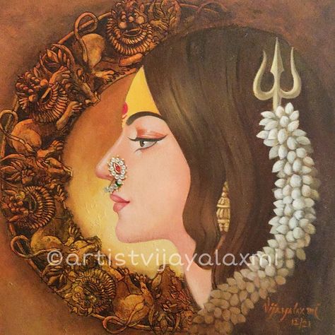 Durga Maa Paintings Face, Indian Goddess Painting, Ganpati Aesthetic, Devi Aesthetic, Devi Drawing, Parvati Painting, Devi Painting, Parvati Maa, Durga Painting