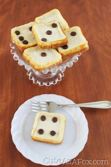 Every time I host Bunco (Bunko) I try to come up with a themed craft or food item. I just think it’s a lot of fun and makes Bunco special. This year I decided to get out my square mini brownie pan and make some mini cheesecake dice. I think they turned out so cute and delicious too! Mini... Dessert For Bunco Party, Bunco Dessert Ideas, Dice Dessert, Bunco Desserts, Bunko Food, Bunco Snacks, Bunco Food, Dice Making, Bunco Themes