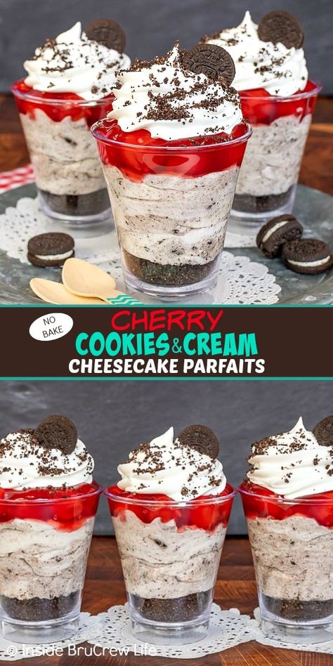 Cheesecake Cherry, Dessert Cups Recipes, Cookies And Cream Cheesecake, Mason Jar Desserts, Cheesecake Oreo, No Bake Recipe, Cheesecake Parfaits, Mini Dessert Cups, Dessert Oreo