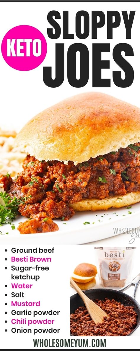 Low Carb Keto Sloppy Joes Recipe - This easy keto sloppy joes recipe is ready in 20 minutes, with simple ingredients. Serve up the sugar-free low carb sloppy joe meat on keto buns for a classic meal. #wholesomeyum Keto Sloppy Joes Ground Beef, Keto With Sammy, Sugar Free Sloppy Joes Recipe, Carnivore Gravy, Sugar Free Dinner Recipes, Ramen Slaw, Keto Sloppy Joes, Low Carb Sloppy Joes, Keto Favorites