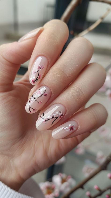 Cherry Blossom Manicure, Japanese Themed Nails, Japanese Nails Designs, Japanese Cherry Blossom Nails, Blossom Nail Designs, Cherry Blossom Nails Design, Sakura Nails, Blossom Nail Art, Japan Nails