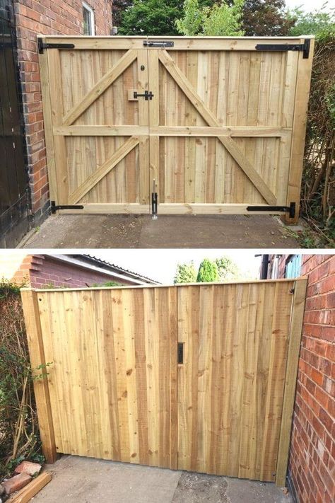 18 DIY Wooden Gate Plans You Can Build - Handy Keen Building A Gate For Fence, Wood Gates Ideas Entrance, Wooden Gates And Fences, Wooden Driveway Gates Diy, Wooden Fence Gate Ideas Entrance, How To Build A Wooden Gate, Wooden Fence Gate Ideas, Fence Gates Wooden, Diy Gate Outdoor