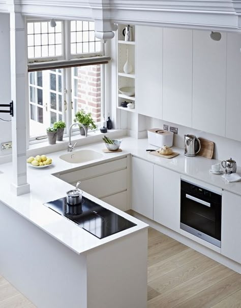 open plan all white kitchen with corian kitchen counter top Small Modern Kitchen Design, Small Modern Kitchens, Kabinet Dapur, Small Kitchen Decor, New Kitchen Cabinets, White Kitchen Design, Kitchen Room Design, Apartment Kitchen, Minimalist Kitchen