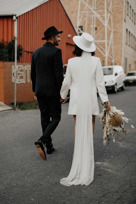 Bride And Groom Hats, Wedding Fedora Bride, Wedding Dress With Hat, Wedding Fedora, Urban Bride, Urban Elopement, Bridal Suit, Elopement Shoot, Modern Art Gallery