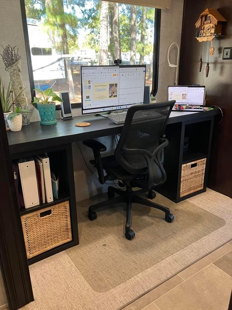 Camper Desk Ideas, Camper Office Ideas, Rv Office Space Ideas, Rv Desk, Camper Office, Rv Office, Gothic Victorian House, Fifth Wheel Living, Rv Interiors