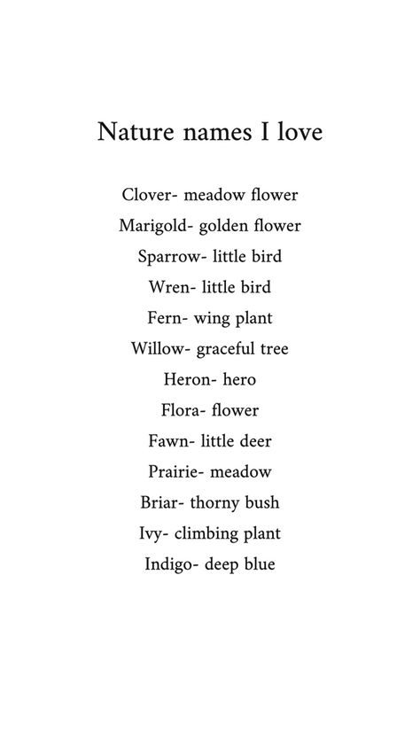 Poem Names Ideas, Core Names Aesthetic, Nature Names With Meaning, Fairy Last Names, Cute Fairy Names, Cottagecore Last Names, Nature Related Names, Pretty Nature Words, Fire Themed Names