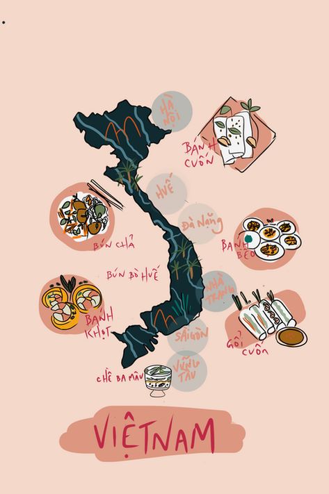 Vietnam Art Design, Vietnam Map, Ancient Vietnam, Map Sketch, Food Map, Food Fair, Vietnam Art, Social Justice Issues, Vietnam Food