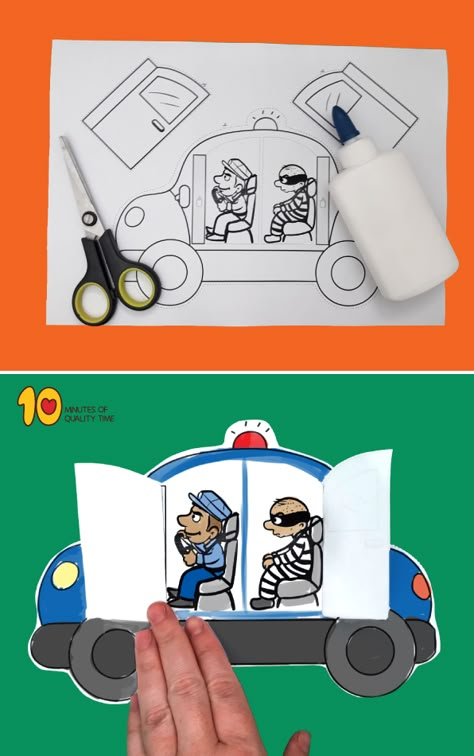 Police Car With Opening Doors - Paper Craft Cars Drawing Easy, Community Helpers Printables, Kids Police Car, Police Crafts, Craft Paper Storage, Kids Police, Nursery Rhymes Activities, Community Helpers Theme, Cars Drawing