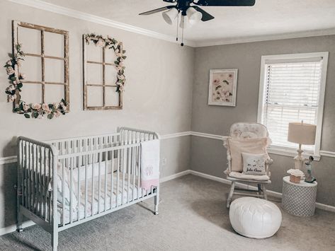 Baby Girl Nursery Grey Crib, Nursery With Gray Walls, Mobile Home Nursery Ideas, White Walls Nursery, Agreeable Gray Nursery, Gray Wall Nursery, Grey Wall Nursery, Grey Crib Nursery Girl, Gray Crib Nursery Girl