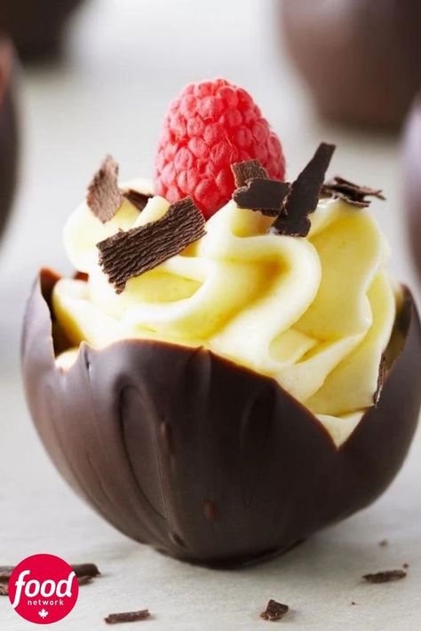 Chocolate Mouse Cups with raspberry Chocolate Cup Desserts, Chocolate Mousse Cups, Mousse Cups, Chocolate Bowls, Anna Olson, White Chocolate Mousse, Easter Desserts Recipes, Food Network Canada, Festive Desserts