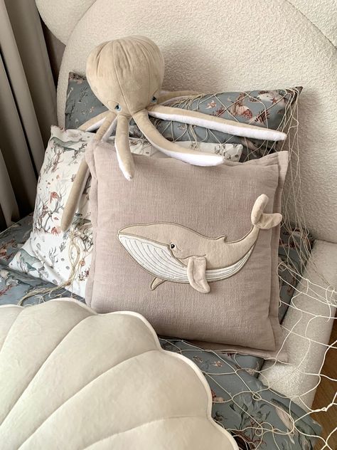 Whale nursery pillow, Linen pillow in an underwater animal, Nature cushion, Kids room decor, Baby bedroom, Birthday gift, Children's day. A beautiful decorative pillow made of linen, depicting a nice whale. It will especially appeal to fans of marine climates. Pillow with an embroidered humpback whale will evoke nice associations and gently introduce him to the world of dreams. Thanks to the exceptional softness and made of certified materials, we do not have to worry about the child's sleeping Bedroom Birthday, Ocean Themed Nursery, Whale Nursery, Nursery Pillow, Ocean Nursery, Underwater Animals, Cute Whales, Embroidery Materials, Animal Nature