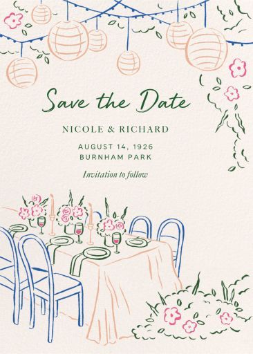 Save The Date Party Ideas, Backyard Wedding Save The Date, Paperless Post Save The Date, Colorful Wedding Save The Dates, Save The Date Painting, Artsy Save The Date, Painted Save The Date, Wedding Cards Illustration, Save The Date Evite