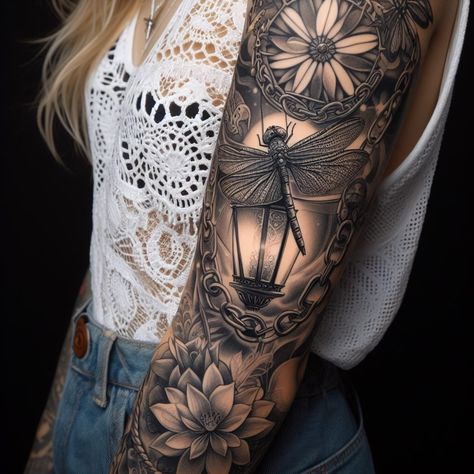 Cool Tattoo Sleeves For Women, Realistic Tattoo Sleeve Women, Ethereal Tattoo Sleeve, Full Sleeve Tattoos Women, Place For Tattoo, Tebori Tattoo, Arm Cover Up Tattoos, Voll Arm-tattoos, Mujeres Tattoo