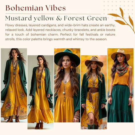 A collection of bohemian-inspired fall outfits in mustard yellow and forest green. Models wear flowy dresses, cozy cardigans, and wide-brim hats, accessorized with layered necklaces, chunky bracelets, and ankle boots. Perfect for a warm, earthy look that captures the spirit of autumn festivals and nature walks. Mustard Yellow Cardigan Outfit, Fall Earthy Outfits, Rising Scorpio, Yellow Cardigan Outfits, Nonbinary Fashion, Green Flowy Dress, Mustard Yellow Outfit, Dresses Layered, Mustard Yellow Cardigan