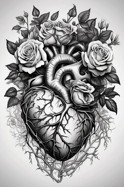 Aura Tattoos, Heart Flower Tattoo, Anatomical Heart Art, Anatomical Heart Tattoo, Tattoos For Women Half Sleeve, Creepy Tattoos, Heart Tattoo Designs, Coloring Drawing, Shoulder Tattoos For Women