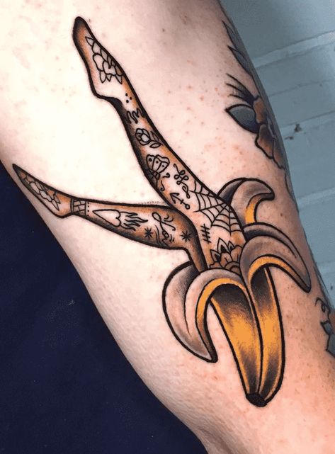 Banana Tattoo Design Images (Banana Ink Design Ideas) Tattoo Idea Traditional, Banana Tattoo Ideas, Neo Traditional Flash Art, Quirky Traditional Tattoo, Dessert Tattoo Ideas, Long Traditional Tattoo, Traditional Tattoo Art Sleeve, Love Flash Tattoo, Funny Traditional Tattoos