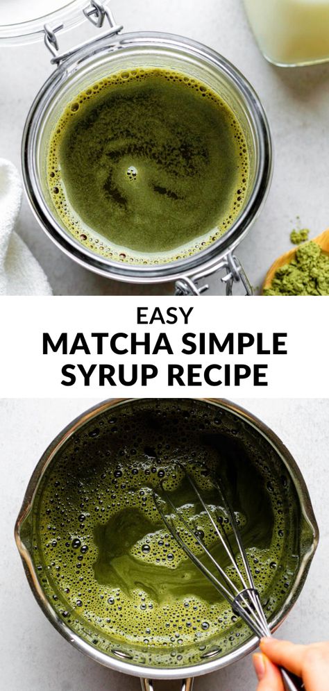 Matcha Syrup (or "matcha mitsu" in Japan) is a simple syrup made with just 3 ingredients- water, sugar, and matcha powder. It's delicious drizzled over cake or ice cream, in cocktails, and of course, in a matcha latte. Matcha Syrup Recipe, Matcha Sauce Recipe, Matcha Syrup, Tea Simple Syrup, Matcha Powder Recipes, Healthy Drink Recipes Smoothies, Hearty Pasta Recipes, Vegan Basics, Tea Syrup