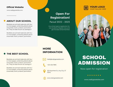 Green and Orange Professional School Admission Trifold Brochure - Templates by Canva Education Brochures, School Brochure, Car Branding, Admissions Poster, School Fonts, School Badges, Education Templates, Characters Inspiration Drawing, School Opening