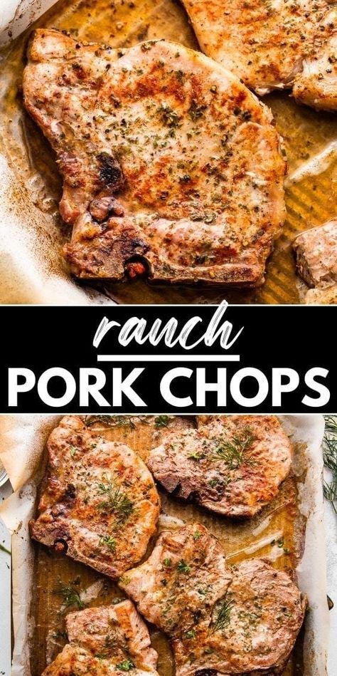 These Ranch Pork Chops are tender, juicy, and bursting with ranch goodness. Make a delicious pork dinner with this quick and easy 4-ingredient dinner recipe. With a crispy exterior and a ranch-infused punch, these chops are a must-try for a mouthwatering meal. Pork Chops Fast And Easy, Sheet Pan Ranch Pork Chops, Pork Rib Chops Bone In, Pork Chop Lipton Onion Soup Recipe, Pick Chop Recipes, Boneless Porch Chop Recipe, Easy Bbq Pork Chops, Recipes For Pork Loin Chops, Yummy Pork Chop Recipes