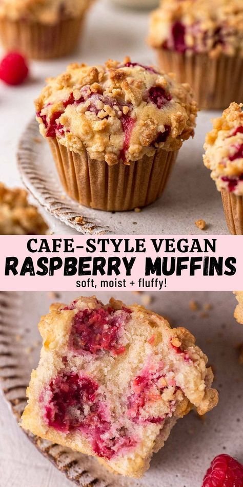 One-bowl vegan raspberry muffins that are fluffy, moist, and packed with raspberries. These muffins have tall bakery-style tops and an optional crumble topping. Vegan Fruit Muffins, Vegan Baked Snacks, Vegan Jumbo Muffins, Vegan Keto Muffins, Vegan Cherry Muffins, Healthy Muffins Vegan, Healthy Vegan Muffin Recipes, Vegan Rasberry Deserts, Vegan Raspberry Cookies