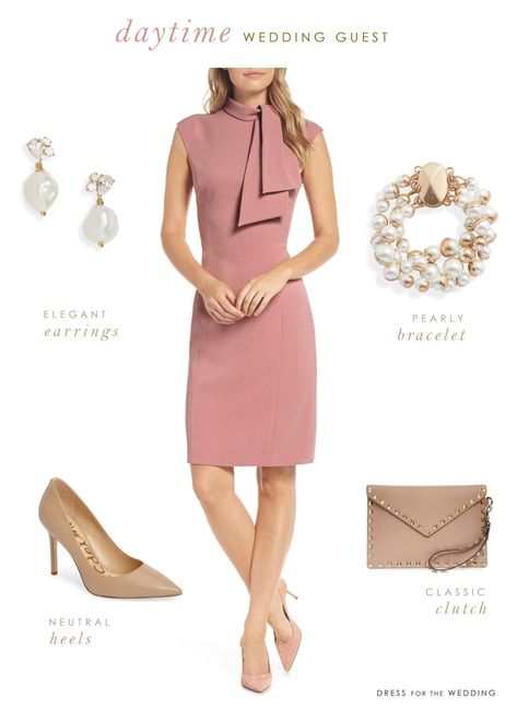 Pink dress with pearls #outfitideas #dressup #daydresses #daytonightdress #weddingguest #casualwedding Rehearsal Dinner Guest Outfits, Dressy Casual Wedding, Pink Wedding Guest Dresses, Pink Dress Outfits, Casual Wedding Guest Dresses, Daytime Wedding, Wedding Reception Dress, Guest Attire, Fashion Night