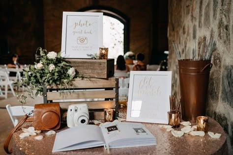 Wedding Instax Photobooth, Polaroid Guest Book Wedding Table, Non Traditional Guest Book, Wedding Polaroid Station, Reception Guest Book Table, Boho Wedding Guest Book, Backyard Wedding Photography, Book Backdrop, Wedding Welcome Table